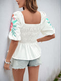 Perfee Embroidered Smocked Square Neck Half Sleeve Blouse - felvior