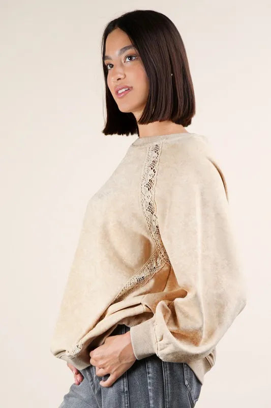 VERY J Plus Size Lace Trim Detail Mineral Washed Knit Top - felvior