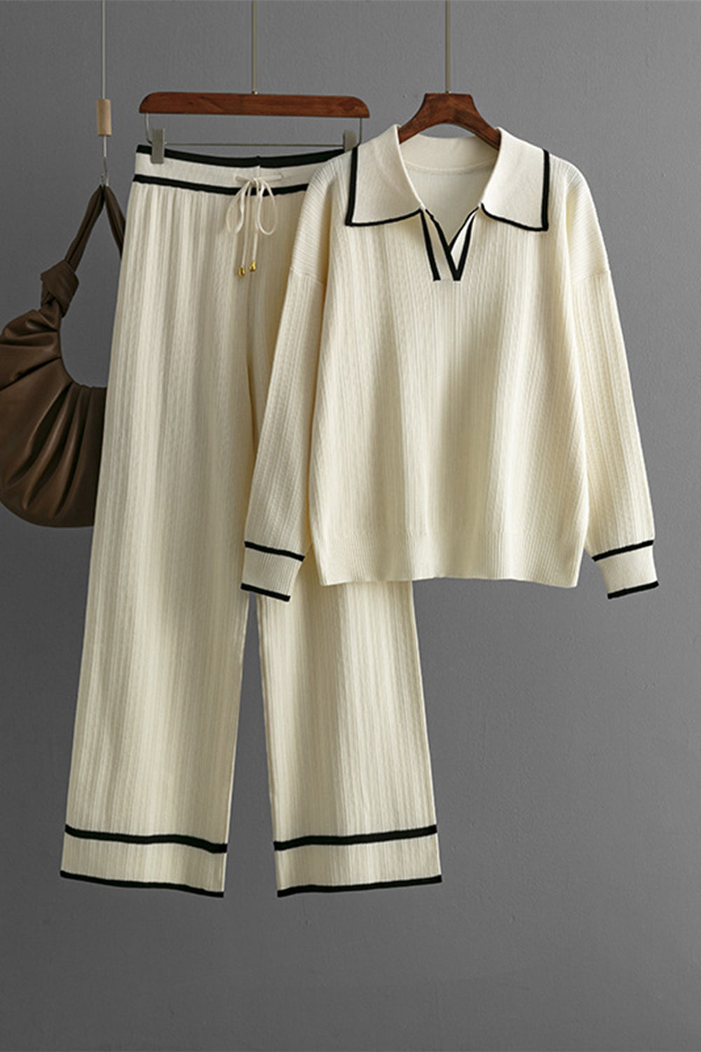 Contrast Trim Johnny Collar Top and Drawstring Pants Sweater Set - felvior
