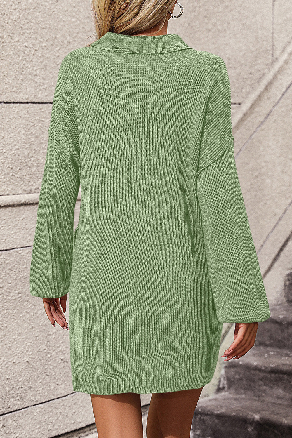 Collared Neck Long Sleeve Sweater Dress with Pockets - felvior