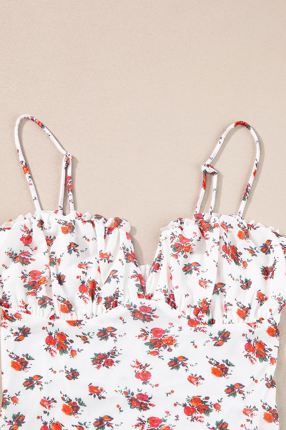 Floral Frilled Trim Spaghetti Straps Bodysuit - felvior