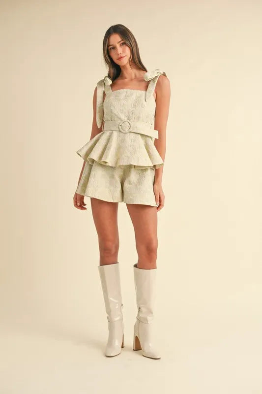 MABLE Jacquard Floral Peplum Top and Flare Shorts Set