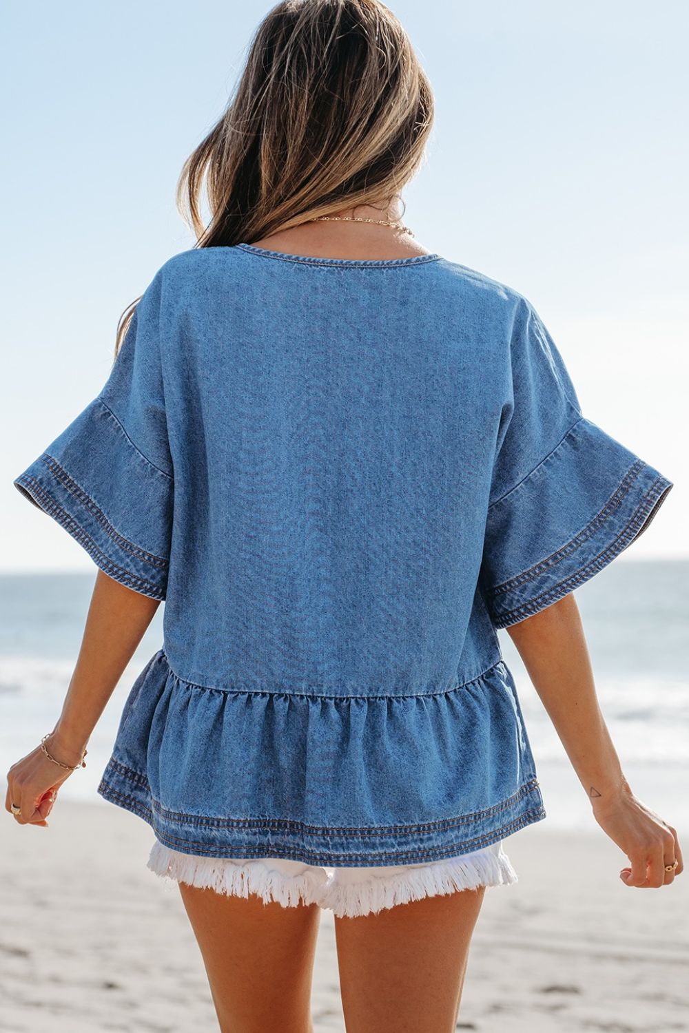 Tie Neck Ruffled Half Sleeve Denim Top - felvior