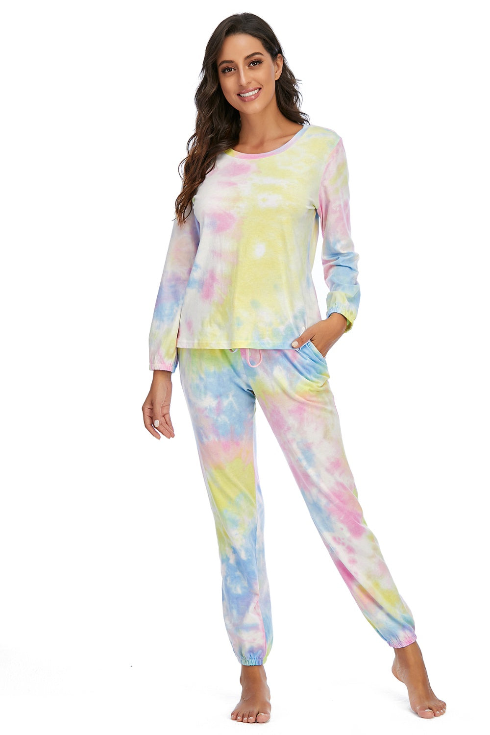 Tie-Dye Top and Drawstring Pants Lounge Set - felvior