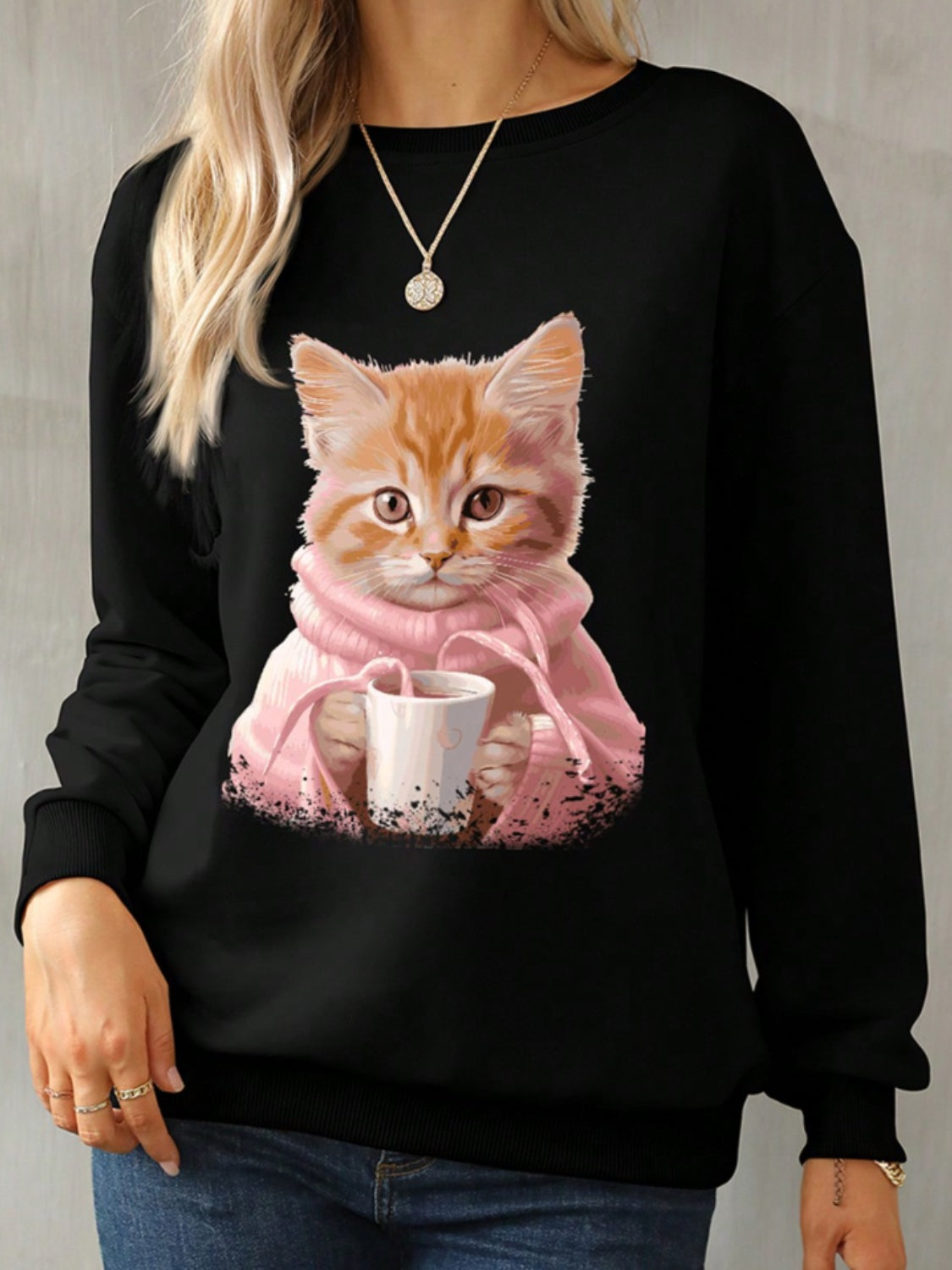 Cat Round Neck Long Sleeve Sweatshirt - felvior