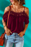 Spaghetti Strap Cold-Shoulder Lace Trim Blouse - felvior