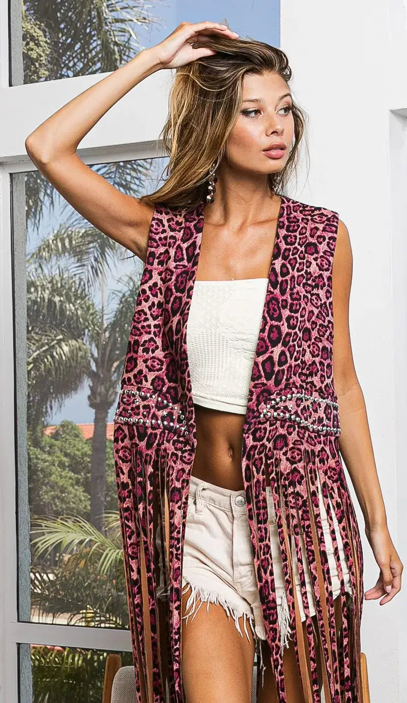 BiBi Fringe Detail Leopard Vest with Star Stud