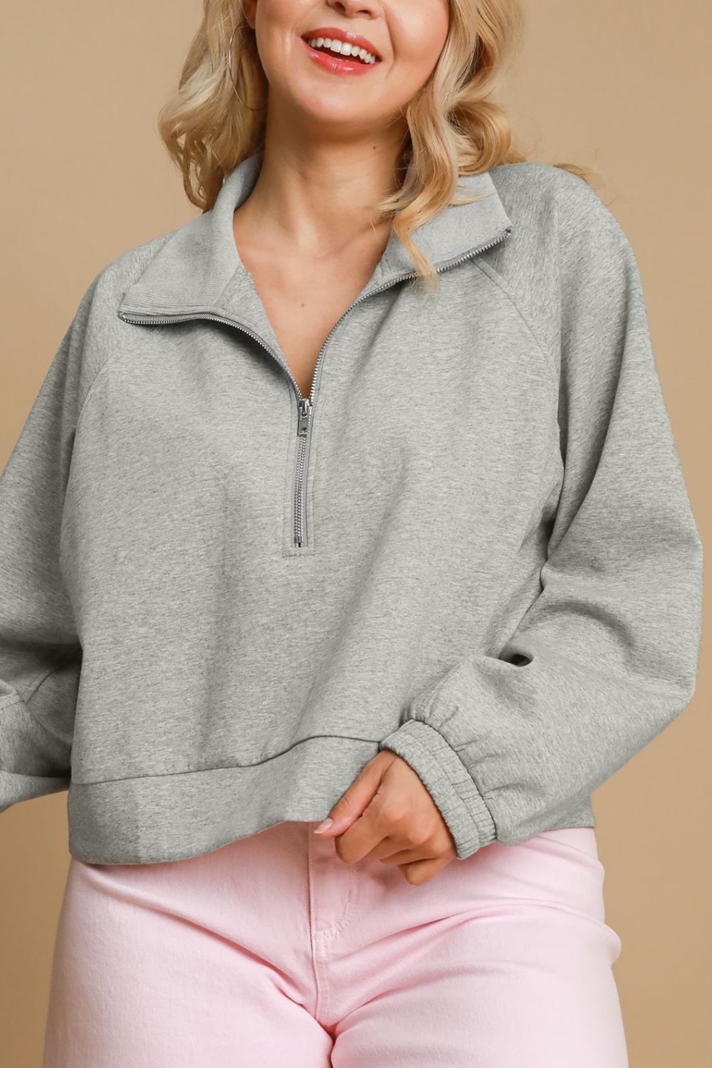 Umgee Full Size Half Zip Cropped Sweatshirt Plus Size