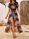Slit Rose Printed Round Neck Short Sleeve Blouse - felvior