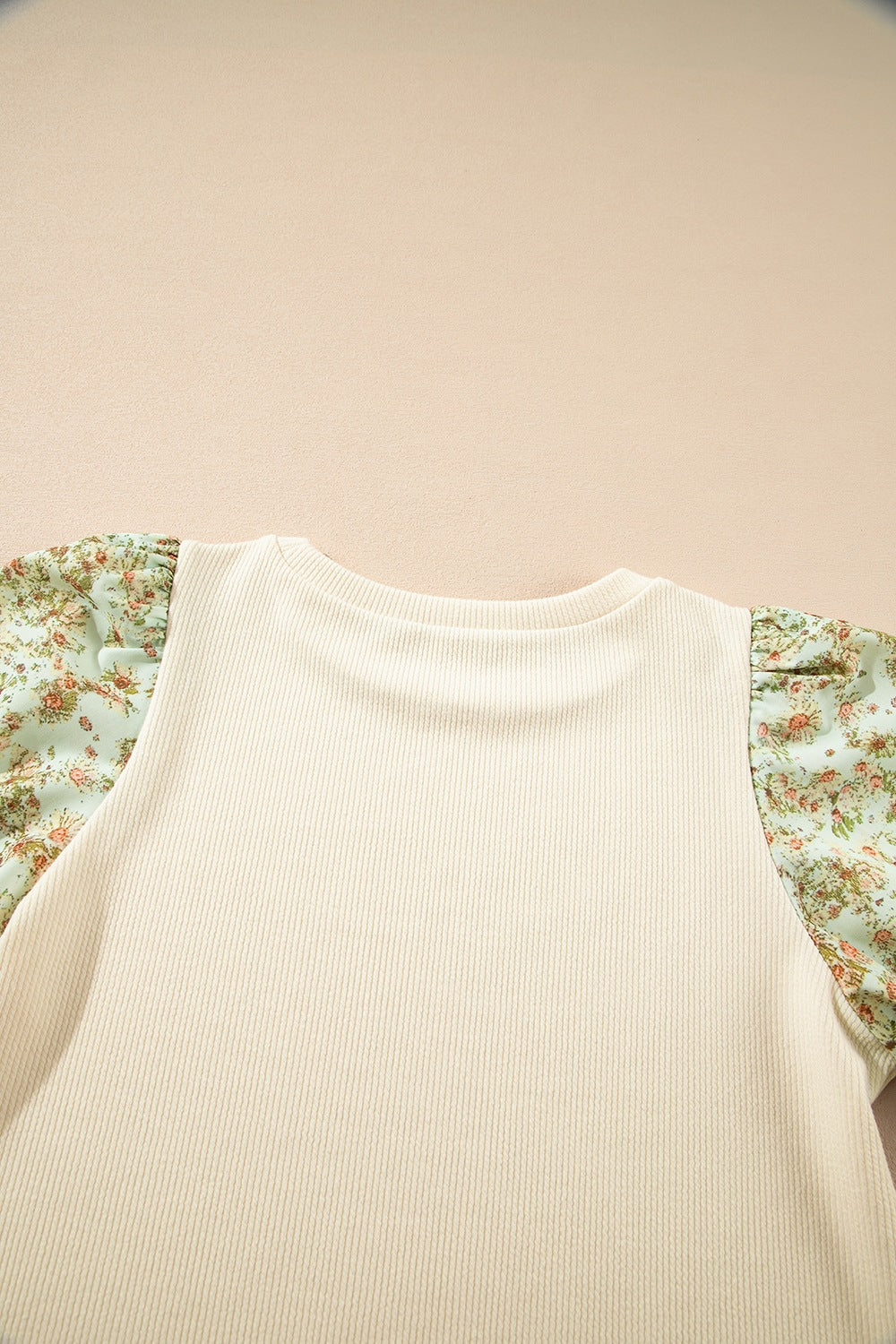 Floral Puff Sleeve Ribbed Blouse - felvior