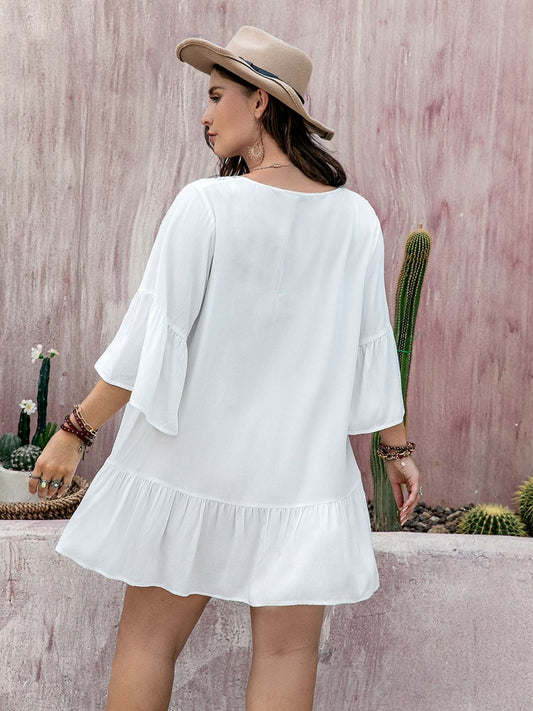 Plus Size Lace Detail Tie Neck Three-Quarter Sleeve Mini Dress - felvior
