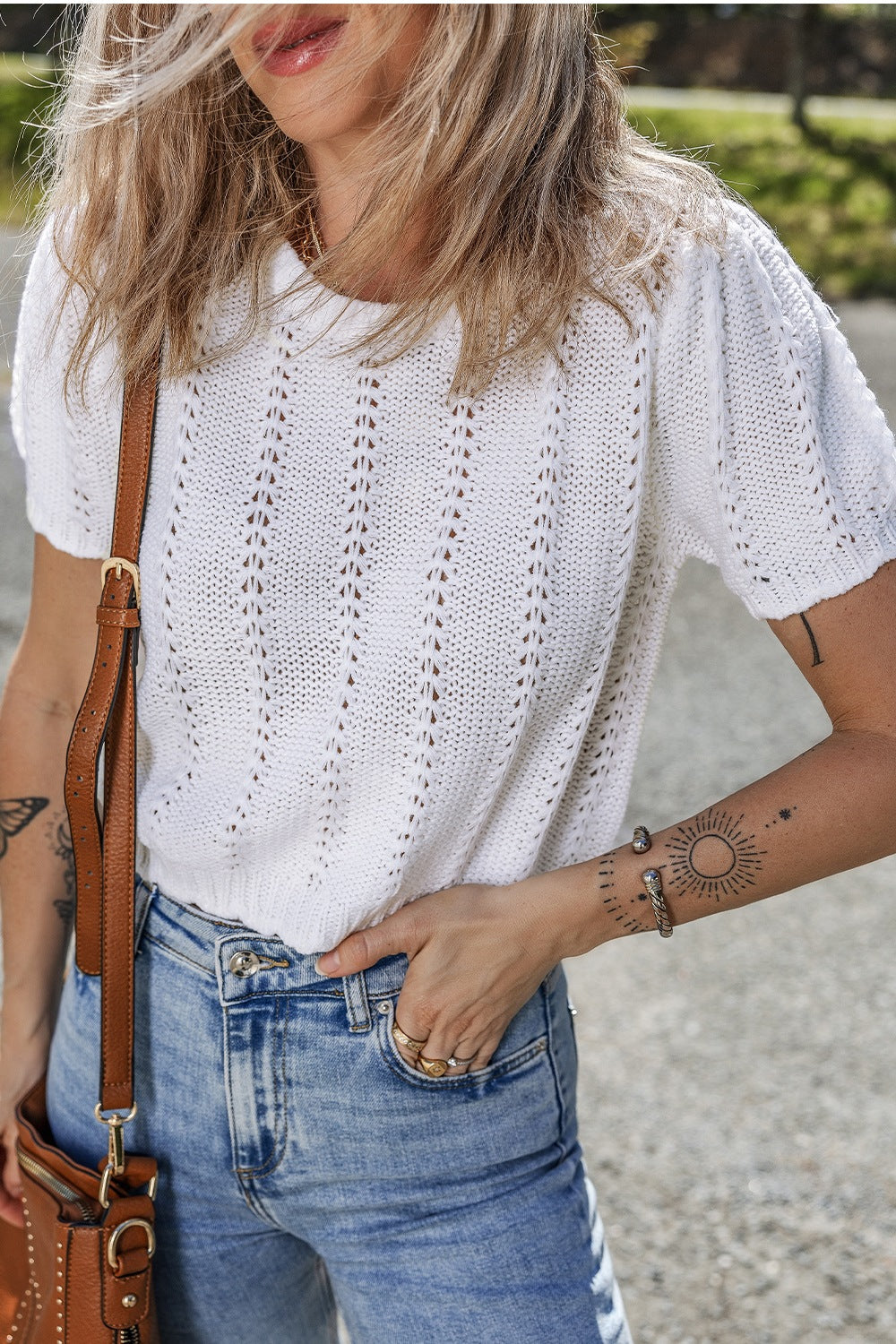 Openwork Round Neck Short Sleeve Knit Top - felvior