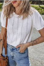 Openwork Round Neck Short Sleeve Knit Top
