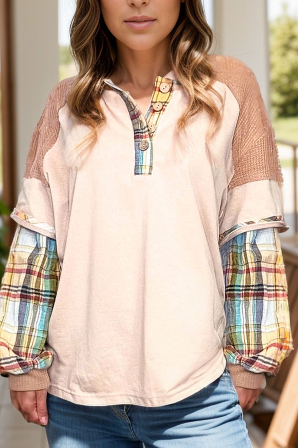 Plus Size Waffle-Knit Detail Plaid Round Neck Top Main image