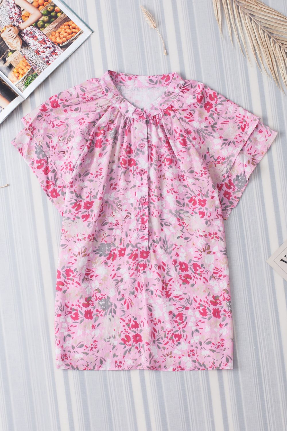 Floral Half Button Round Neck Short Sleeve Blouse - felvior