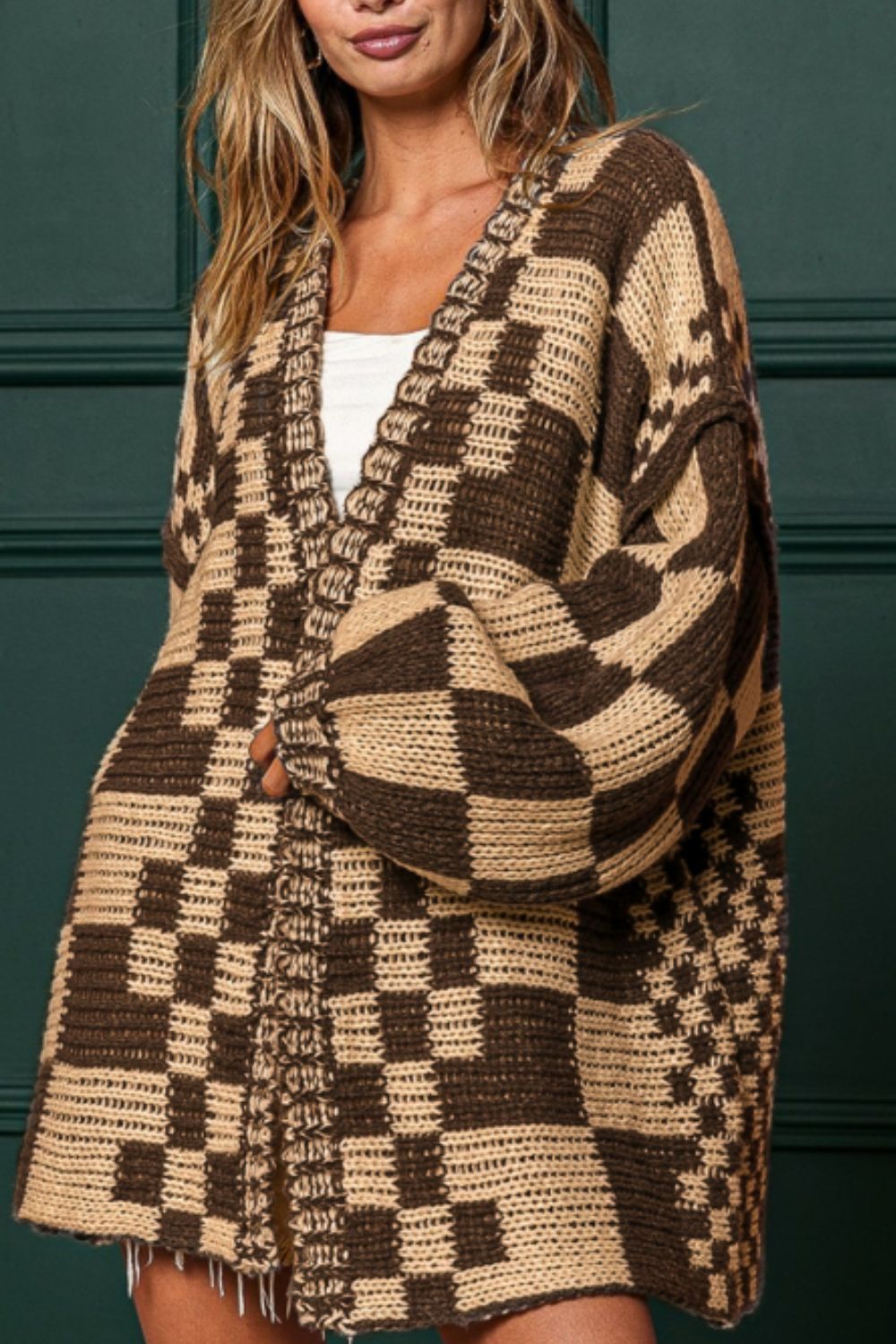 Checkered Open Front Long Sleeve Cardigan - felvior