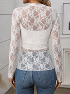 Floral Mock Neck Long Sleeve Mesh Top