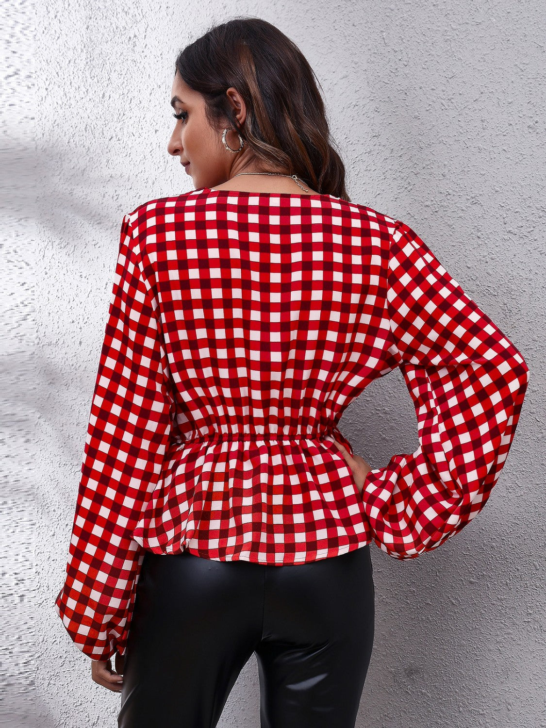 Plaid V-Neck Balloon Sleeve Peplum Blouse - felvior