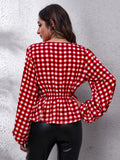 Plaid V-Neck Balloon Sleeve Peplum Blouse - felvior