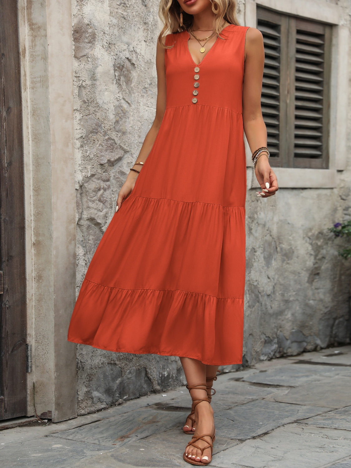 Ivy Lane Decorative Button Notched Sleeveless Dress - felvior