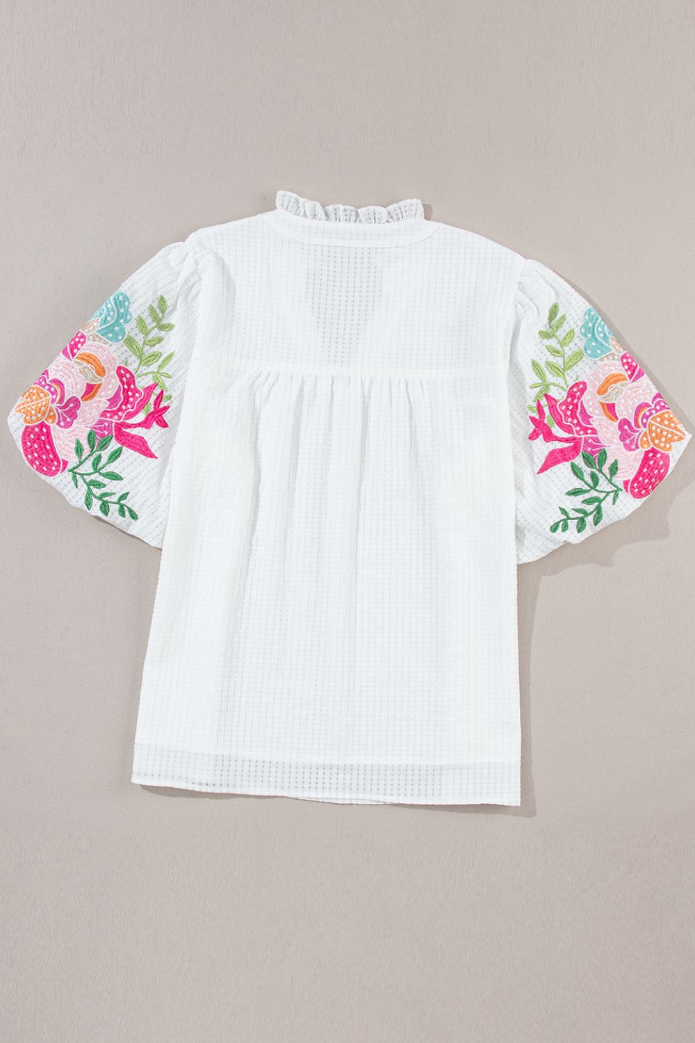 Floral Embroidered Puff Sleeve Notched Blouse - felvior