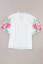 Floral Embroidered Puff Sleeve Notched Blouse