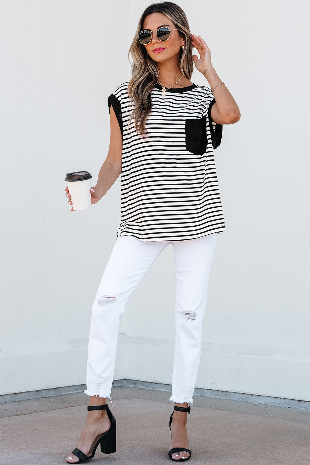 Striped Round Neck Cap Sleeve Top - felvior