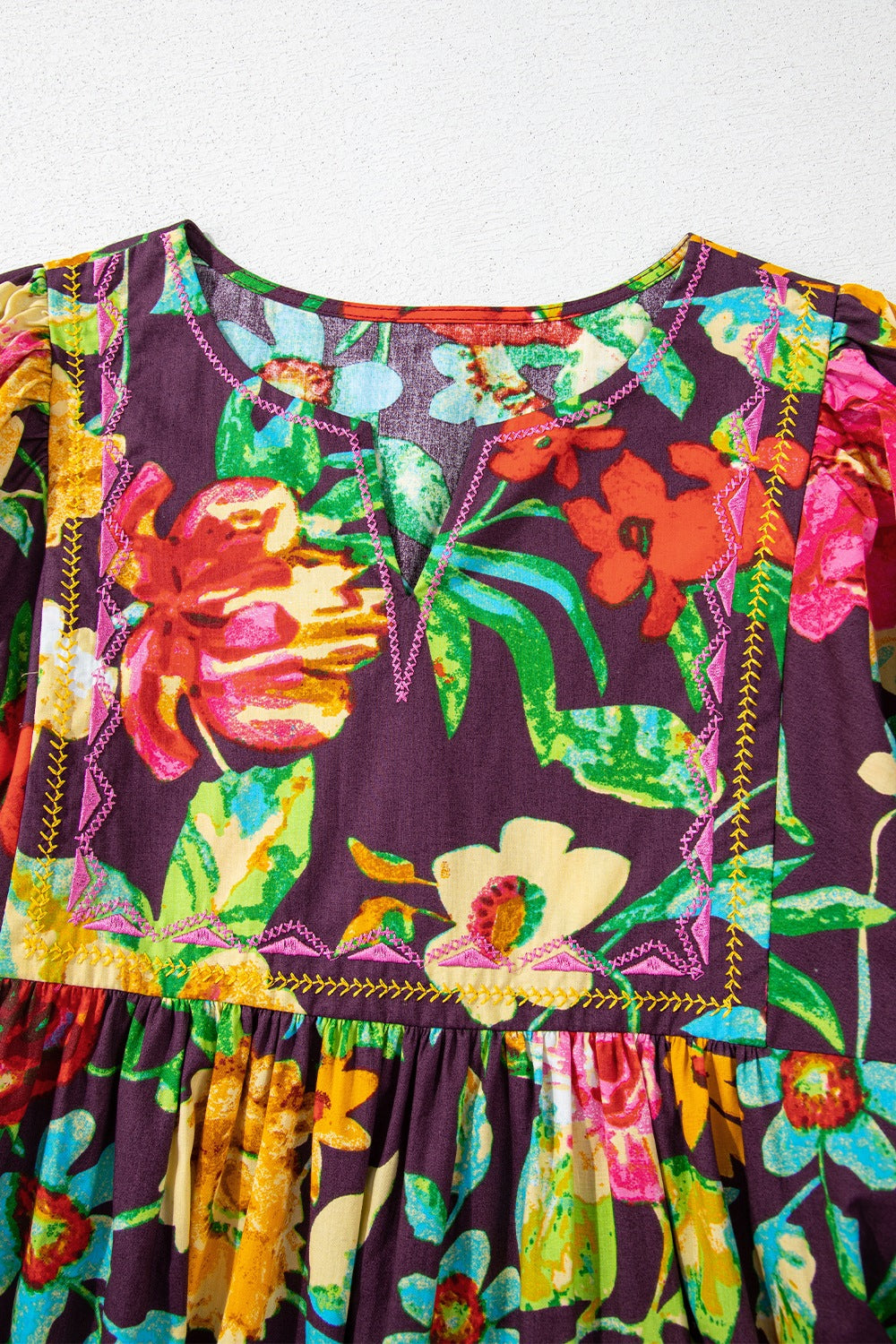 Flower Embroidered Trim Half Sleeve Blouse - felvior