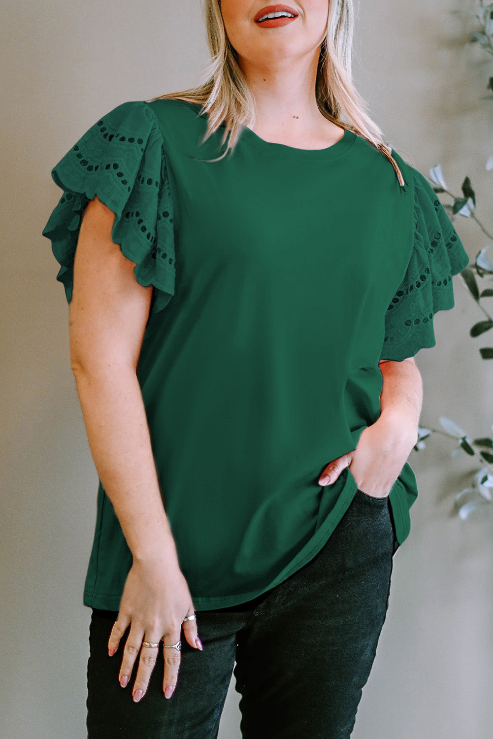Plus Size Eyelet Round Neck Short Sleeve Blouse Main image