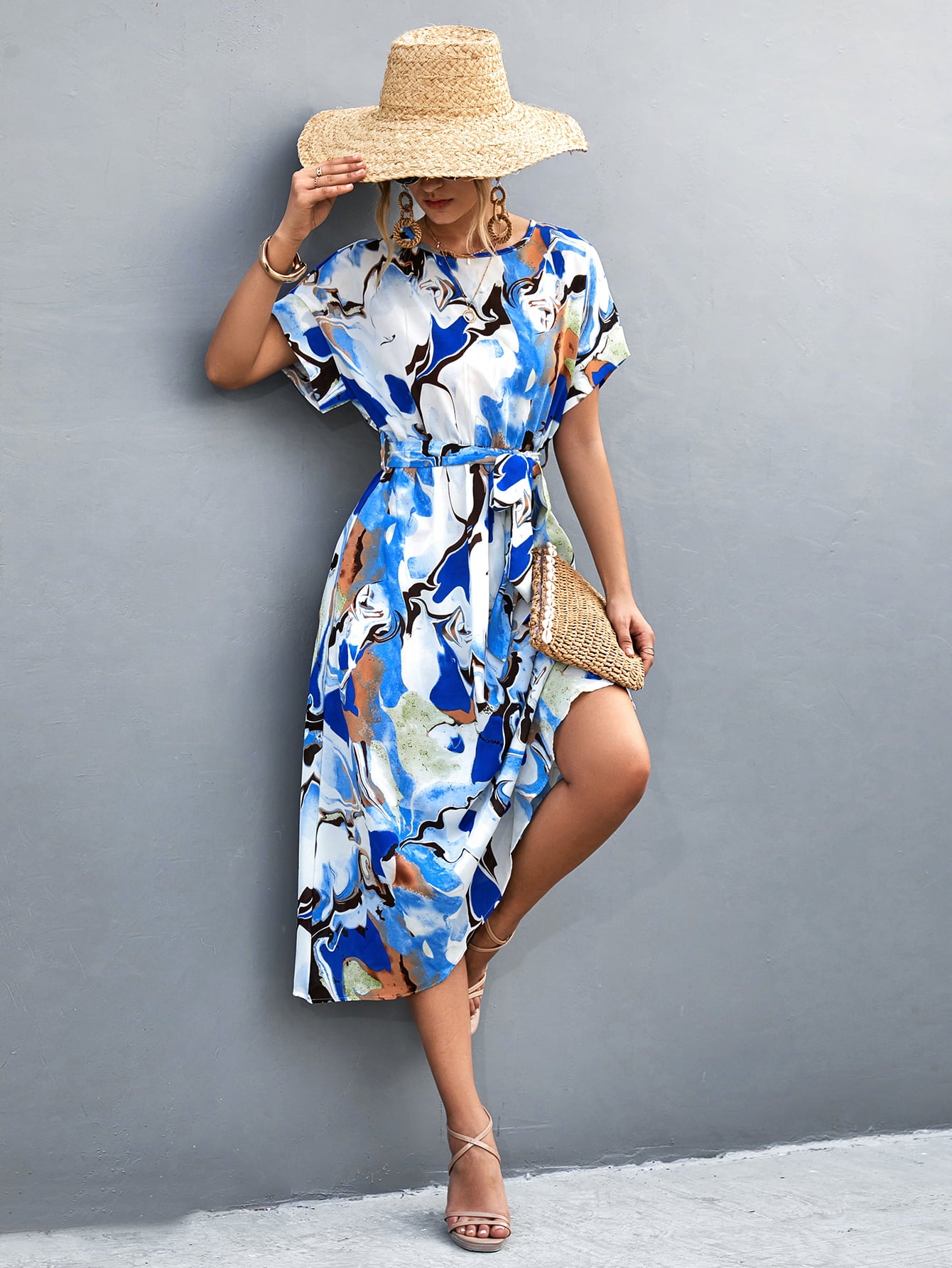 Round Neck Short Sleeve Tie Waist Midi Dress - felvior