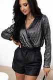 Sequin Surplice Long Sleeve Bodysuit - felvior