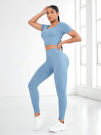 Round Neck Short Sleeve Top and Leggings Active Set