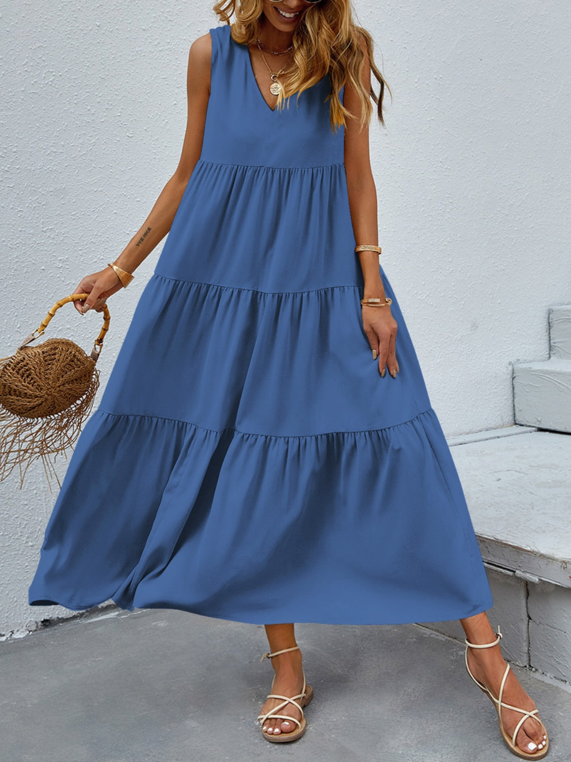 FAM-FAM Tiered V-Neck Sleeveless Dress - felvior