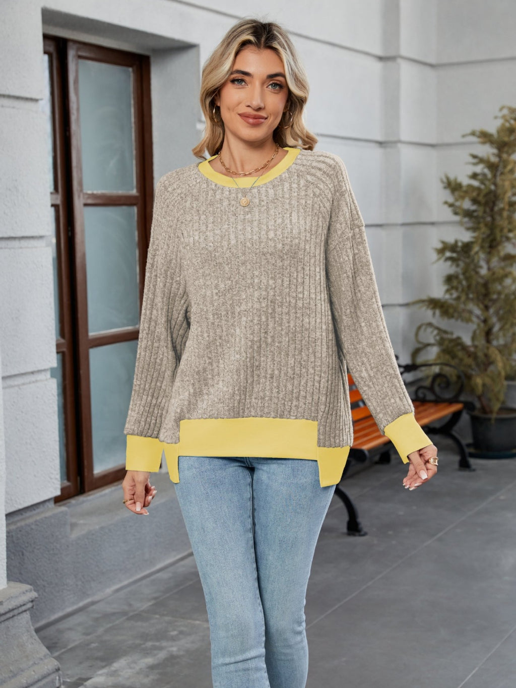 Contrast Trim Round Neck Long Sleeve T-Shirt