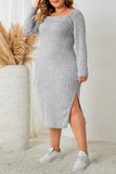 Honey Plus Size Square Neck Long Sleeve Slit Dress - felvior