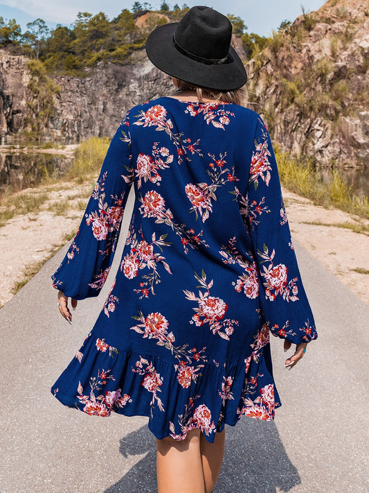 Plus Size V-Neck Long Sleeve Dress - felvior