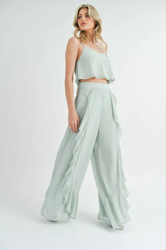 MABLE Crop Cami and Ruffled Wide Leg Pants Set - felvior
