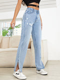 Distressed Slit Straight Leg Jeans - felvior