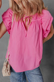 Shirred Tie Neck Ruffled Cap Sleeve Blouse - felvior