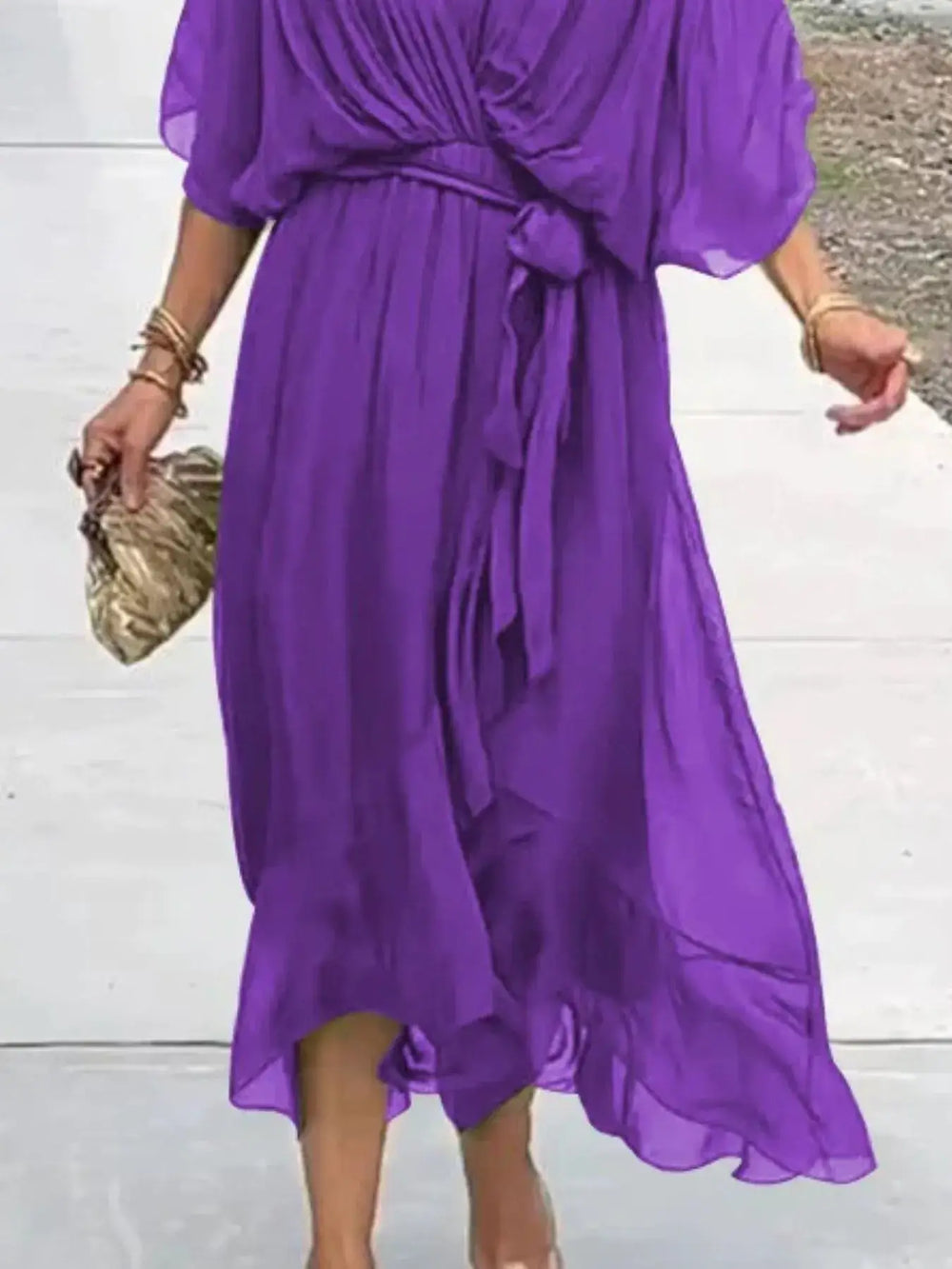 Full Size Flowy Tie Front Midi Dress with Flutter Sleeves Plus Size