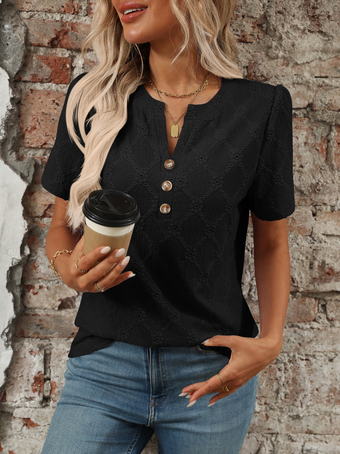 Eyelet Notched Short Sleeve Top