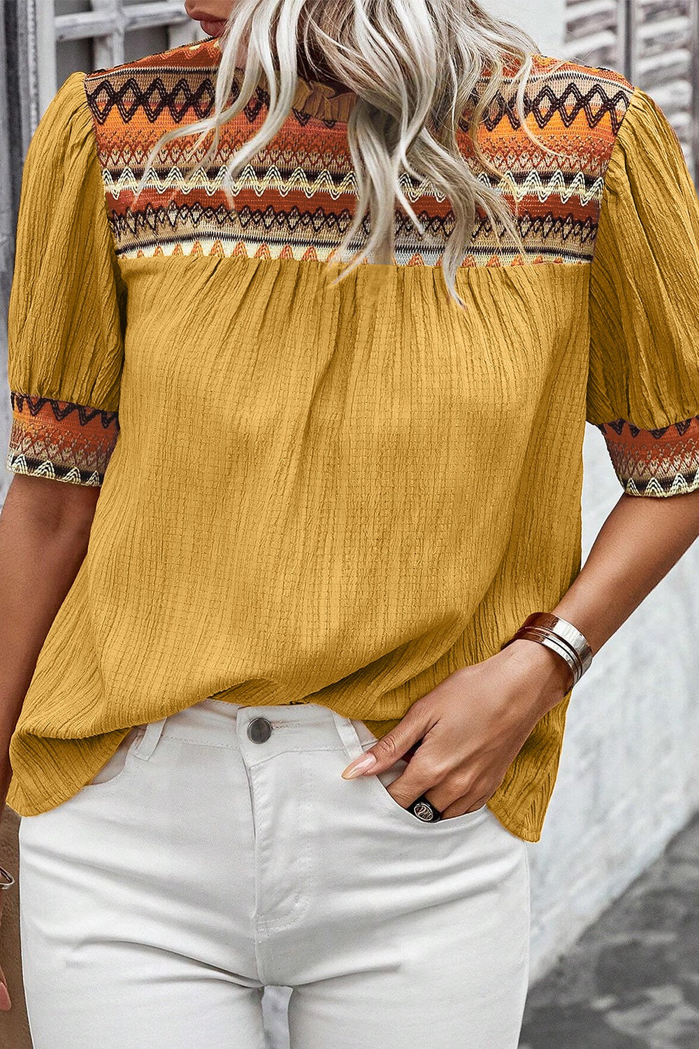 Geometric Frill Mock Neck Short Sleeve Blouse - felvior