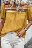 Geometric Frill Mock Neck Short Sleeve Blouse - felvior