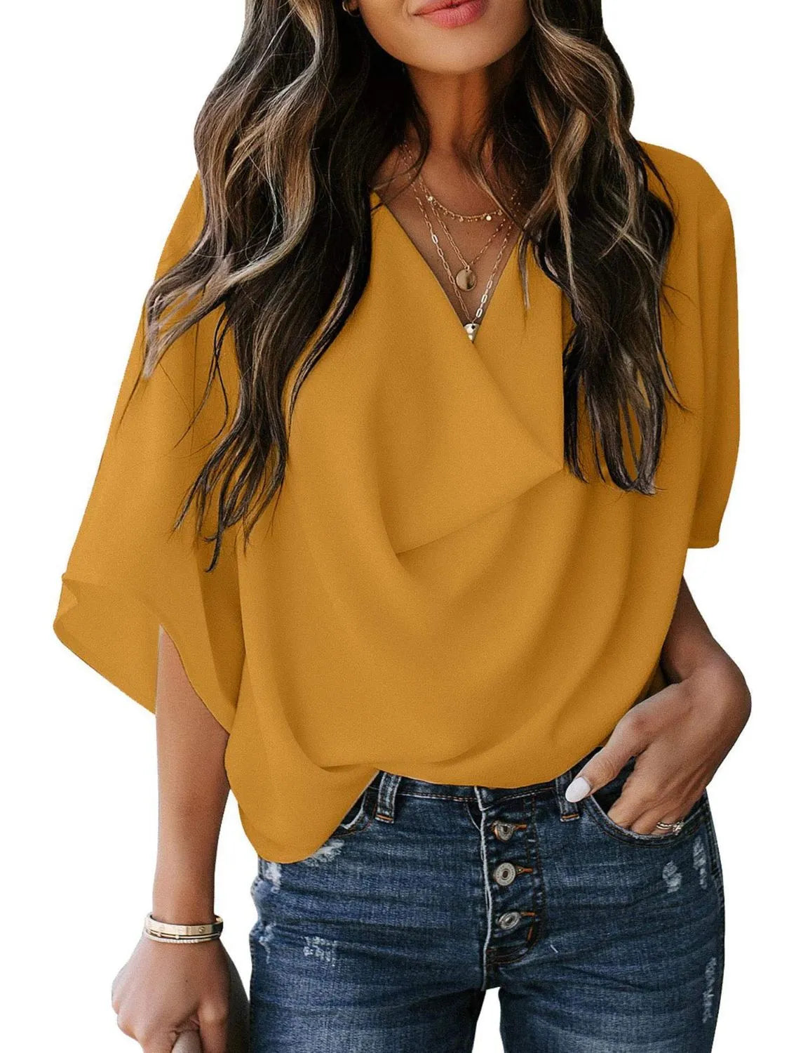 Full Size Ruched Three-Quarter Sleeve Blouse Plus Size - felvior