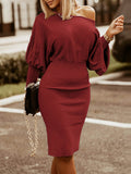 Round Neck Lantern Sleeve Dress - felvior
