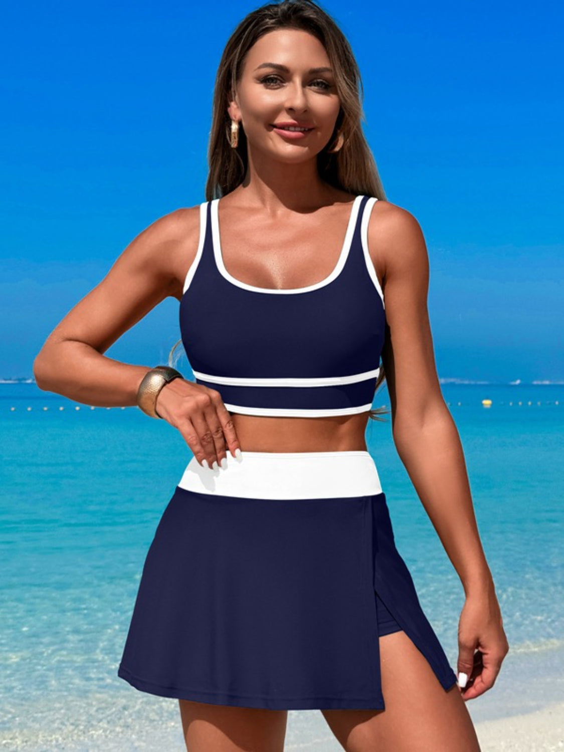Scoop Neck Top and Skort Swim Set - felvior