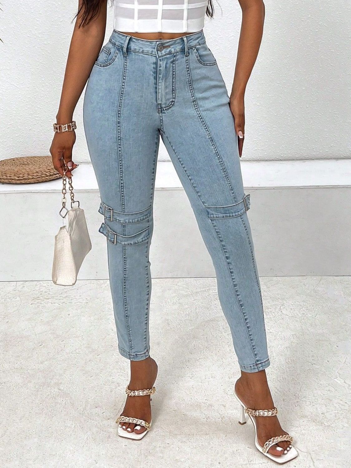 Decorative Buckle Skinny Jeans with Pockets - felvior