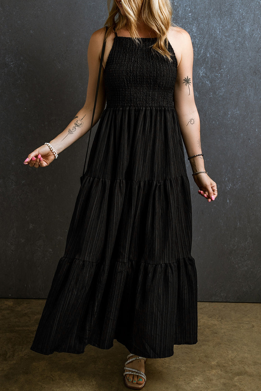 Smocked Tiered Spaghetti Strap Dress - felvior