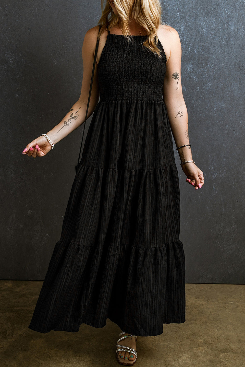 Smocked Tiered Spaghetti Strap Dress - felvior