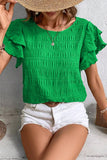 Textured Ruffled Sleeve Round Neck Top - felvior
